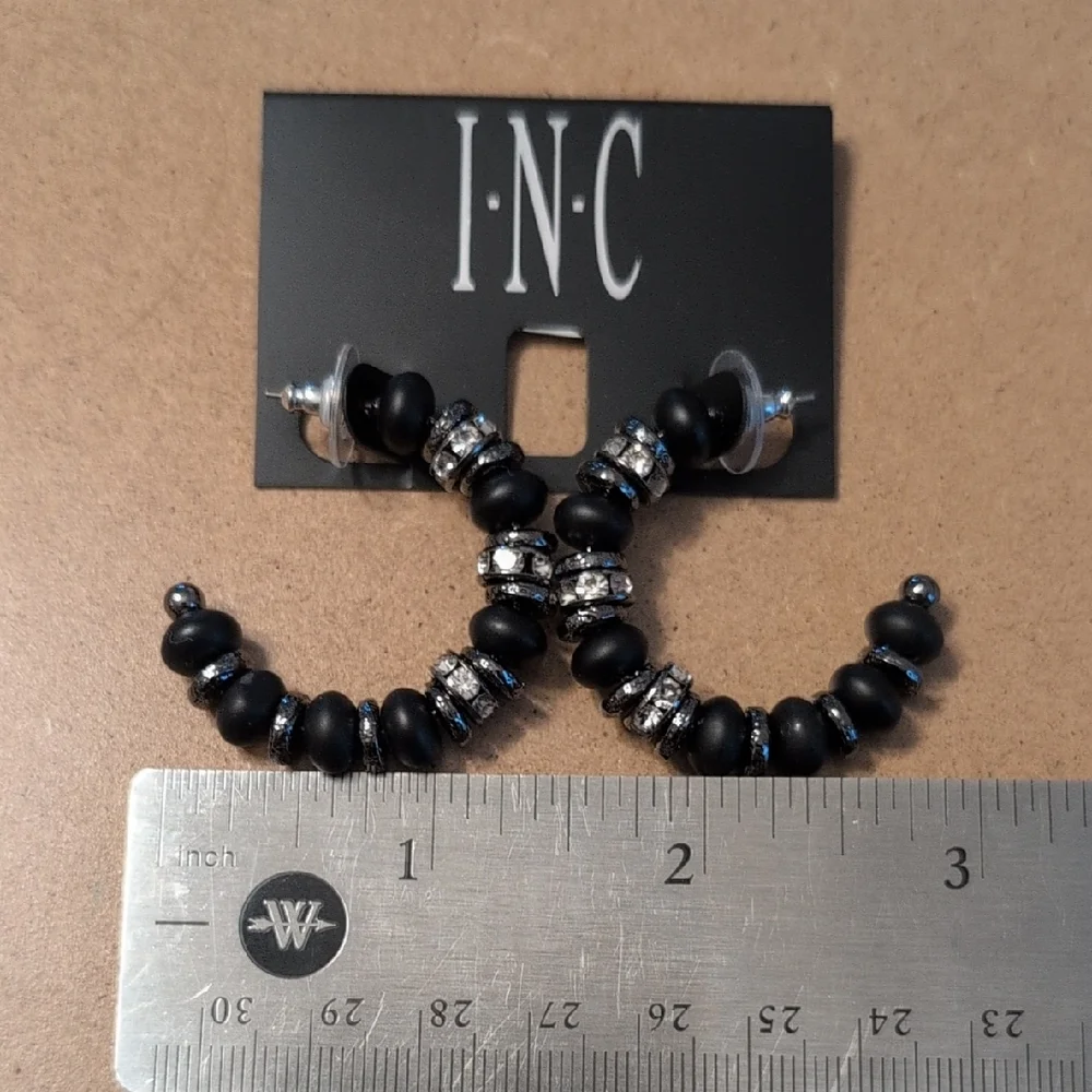 INC International Concepts Black Beaded Hoop Earrings with Rhinestone Spacers